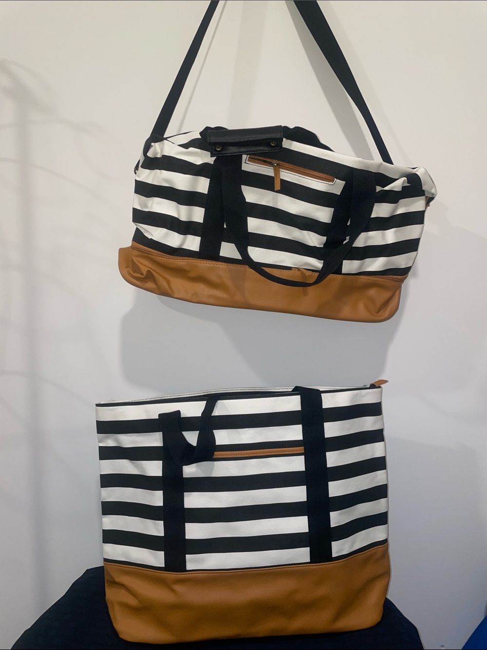 Striped Black & White Tote and Weekender Duffle with Tan Trim - Travel Set